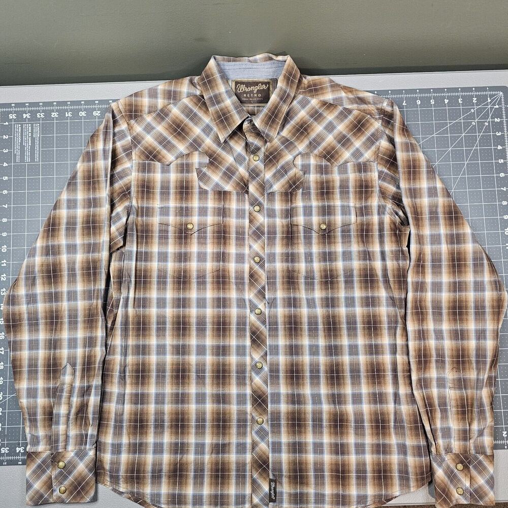 Wrangler Retro Shirt Large Plaid Western Pearl Snap Cowboy Rodeo Biker Preppy